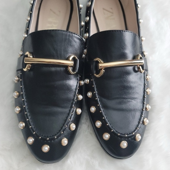 Zara Black Loafers with Gold and Pearl Details - Picture 2 of 6